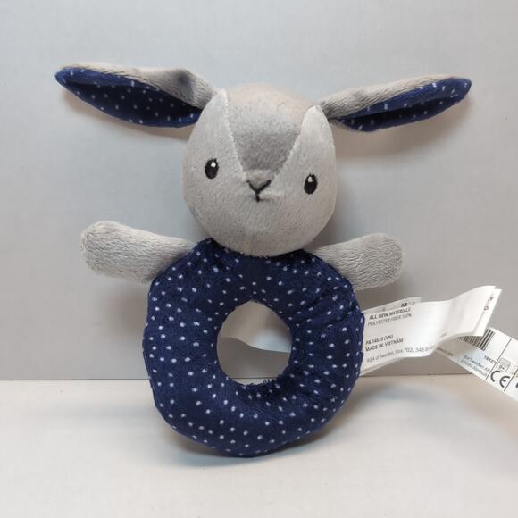 Ikea Gulligast Rabbit Bunny Baby Rattle Gray Blue Polka Dot Ring - Picture 1 of 7